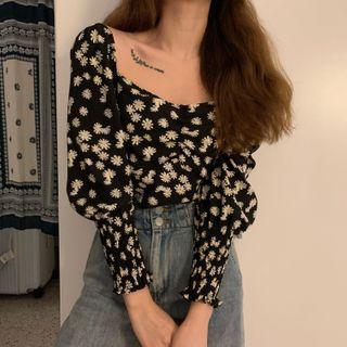 Floral Square-neck Long-sleeve Top As Figure - One Size