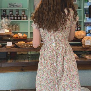 Floral Print Short-sleeve Buttoned A-line Midi Dress As Shown In Figure - One Size