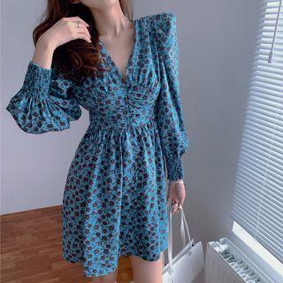 Long-sleeve Floral Print Mini A-line Dress Floral - Blue - One Size