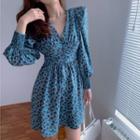 Long-sleeve Floral Print Mini A-line Dress Floral - Blue - One Size