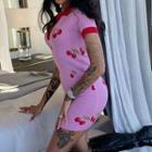 Short-sleeve Collar Cherry Print Knit Mini Sheath Dress