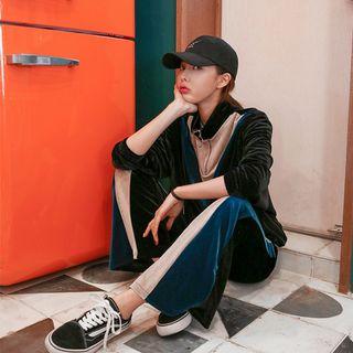 High-neck Color-block Velvet Pullover