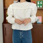 Puff-sleeve Lace Trim Plain Blouse White - One Size
