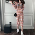 Long-sleeve Striped Midi Knit Dress Multicolor - One Size