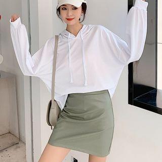 Plain Loose-fit Hooded Top / Faux-leather Skirt