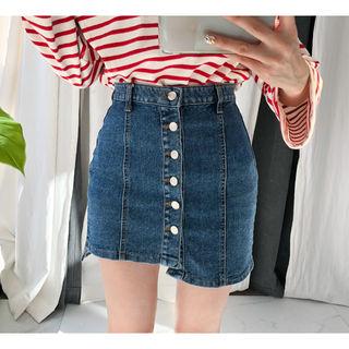 Asymmetric-hem Button-front Denim Mini Skirt