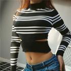 Mock Neck Striped Cutout Cropped Top