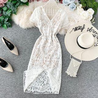 Short Sleeve V-neck Lace Slit Dress