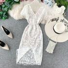 Short Sleeve V-neck Lace Slit Dress