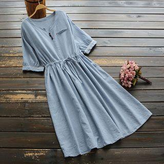 Pinstriped Elbow-sleeve Midi A-line Dress Stripes - Blue - One Size