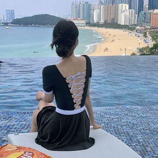Set: Lace-up Back Swimsuit + Flared Swim Skirt
