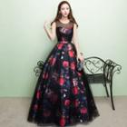 Sleeveless Floral-print A-line Evening Gown
