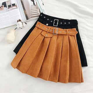 Plain High-waist Suede Pleated A-line Skirt