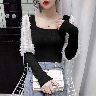 Square-neck Lace Panel Knit Top