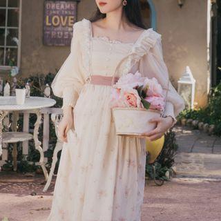 Lantern-sleeve Floral Mesh Midi A-line Dress