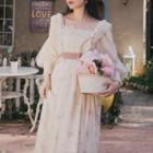 Lantern-sleeve Floral Mesh Midi A-line Dress