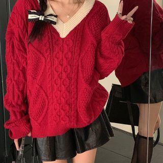 Long Sleeve V Neck Two Tone Cable-knit Sweater Red - One Size