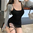 Spaghetti Strap Lace-up Bodycon Dress / Crop Cardigan
