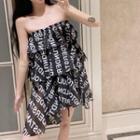 Strapless Letter Print Tiered Chiffon Top