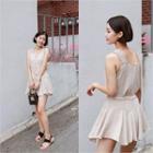Set: Sleeveless Button-front Top + Band-waist Skort