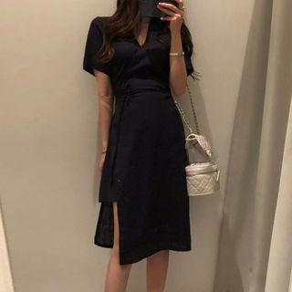 Short-sleeve Asymmetric A-line Midi Wrap Dress
