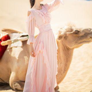 Cold-shoulder Ruffled Blouse / Midi A-line Skirt / Set