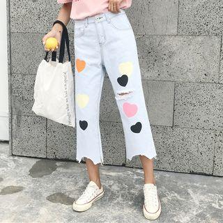 Heart Print Ripped Straight Cut Jeans