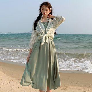 Spaghetti Strap Midi Smocked Dress / 3/4-sleeve Plaid Blouse
