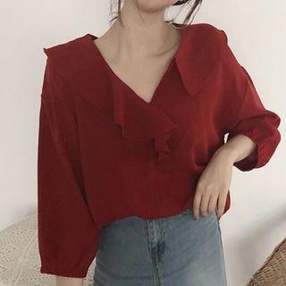 3/4-sleeve Ruffled Chiffon Top As Shown In Figure - One Size