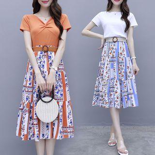 Set: Short-sleeve T-shirt + Floral Print A-line Skirt