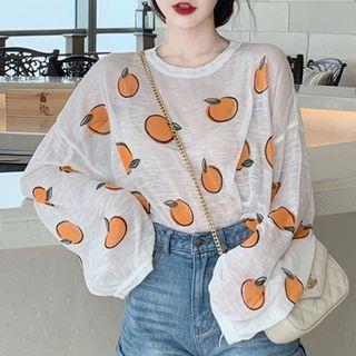 Orange Print Long-sleeve Sheer Knit Top
