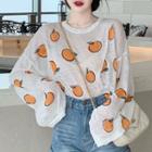 Orange Print Long-sleeve Sheer Knit Top