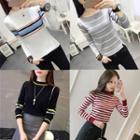 Striped / Contrast Trim Long-sleeve Knit Top