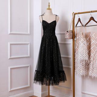 Spaghetti Strap Star Sequined Mesh A-line Midi Dress