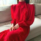 Ruffle Long-sleeve Dress Red - One Size