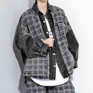 Plaid Panel Denim Jacket Black - One Size