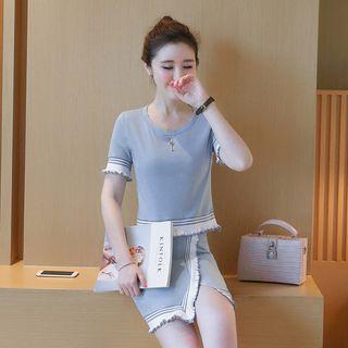 Set: Contrast Trim Short Sleeve T-shirt + Mini Wrap Skirt