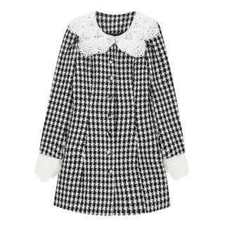 Long-sleeve Lace Collar Houndstooth Mini Dress