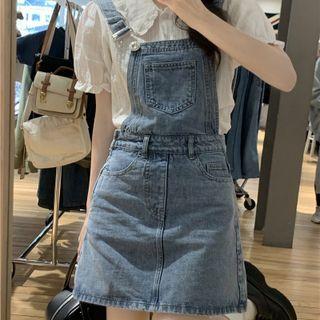 Puff-sleeve Blouse / Denim Mini Sheath Overall Dress