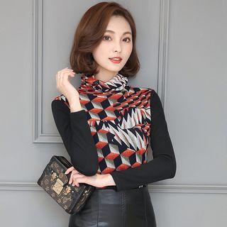 Fleece-lined Print Mock-neck Long-sleeve Top