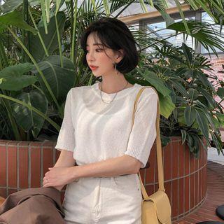 Elbow-sleeve Sheer Cropped Knit Top