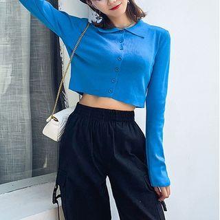 Long-sleeve Collared Button-up Cropped Knit Top