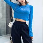 Long-sleeve Collared Button-up Cropped Knit Top