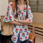 Elbow-sleeve Floral Print Shirt Red Flowers - White - One Size
