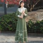 Long-sleeve Floral Embroidered Mock-neck Midi A-line Dress