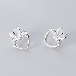 925 Sterling Silver Rhinestone Heart Earring 1 Pair - S925 Silver - Stud Earrings - One Size