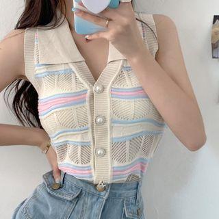 Sleeveless Striped Button-up Collared Knit Top White - One Size