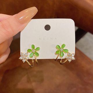 Flower Rhinestone Faux Cat Eye Stone Alloy Earring E5230 - 1 Pair - Gold - One Size