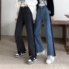 High-waist Color Panel Frayed Jeans