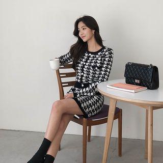 Houndstooth Knit Top & Miniskirt Matching Set Black - One Size